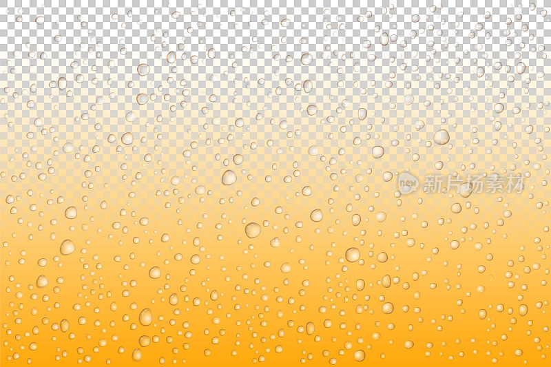啤酒滴在玻璃上，矢量水滴在玻璃上。雨滴落在透明的背景上
