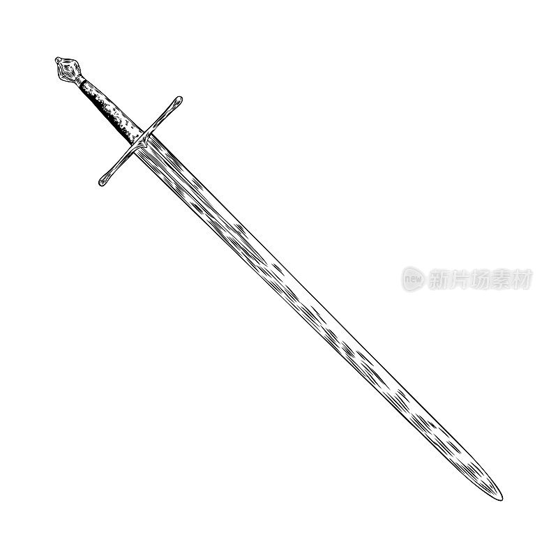 中世纪的冷武器。剑战士武器。手绘古董雕刻武器插图。向量。