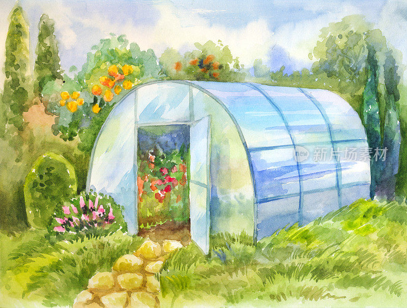 水彩画与温室在花园里。手绘插图