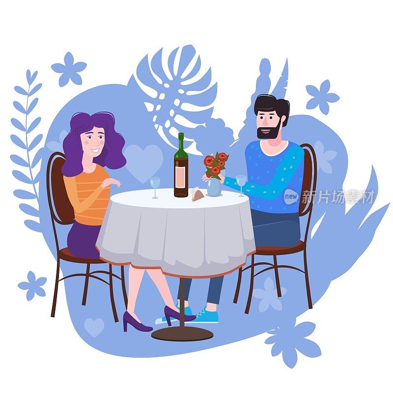 一对情侣在咖啡馆里喝葡萄。一个男人和一个女人在约会时坐在一张桌子旁。爱情友谊沟通，花海背景理念。矢量插图孤立的平面风格卡通