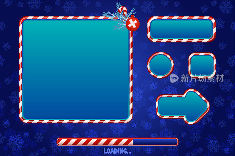 圣诞用户界面和游戏或网页设计元素。红色和蓝色的按钮、板和框架。游戏加载界面