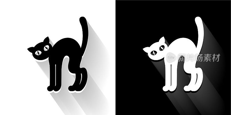 黑色万圣节猫黑色和白色与长影子的图标