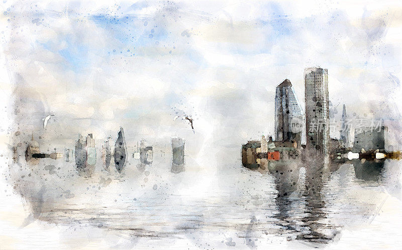 伦敦城的水彩画概念图片，由于全球变暖、海平面上升和海鸥，建筑被淹没