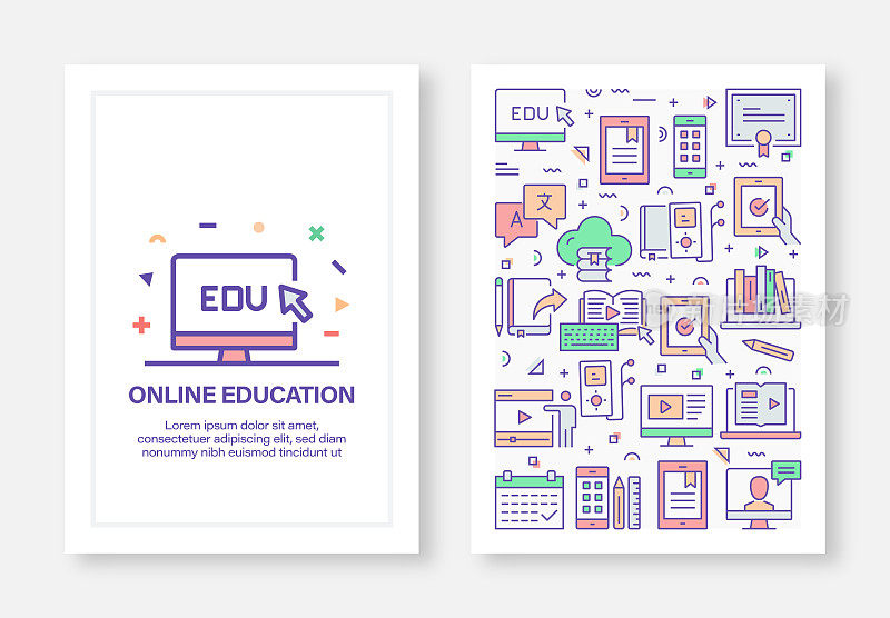 在线教育概念线风格封面设计的年度报告，传单，小册子。