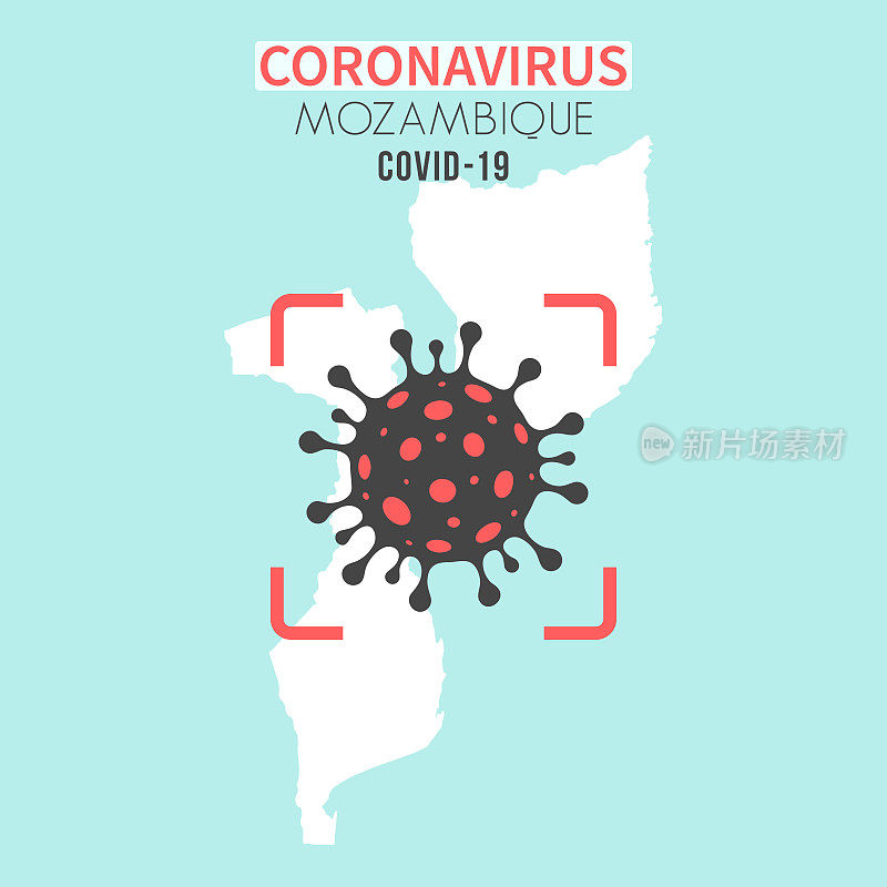 莫桑比克地图，红色取景器中有冠状病毒(COVID-19)细胞