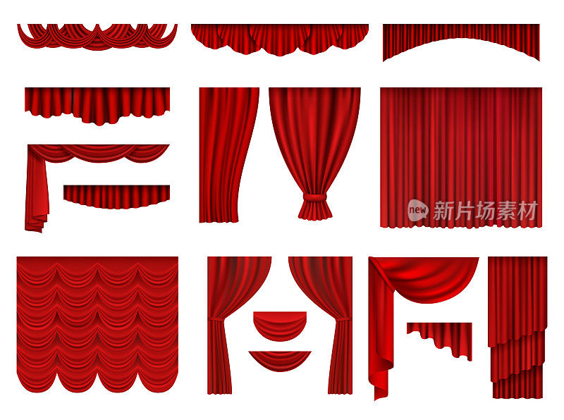 红色的窗帘。纺织戏剧戏剧场景装饰窗帘向量逼真集合