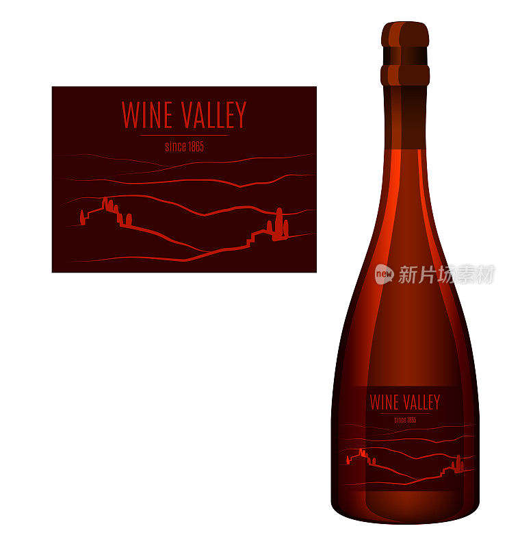 标签设计的一瓶葡萄酒与抽象的景观。矢量插图。