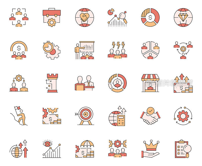 与业务管理相关的矢量线图标的简单设置。大纲符号集合。