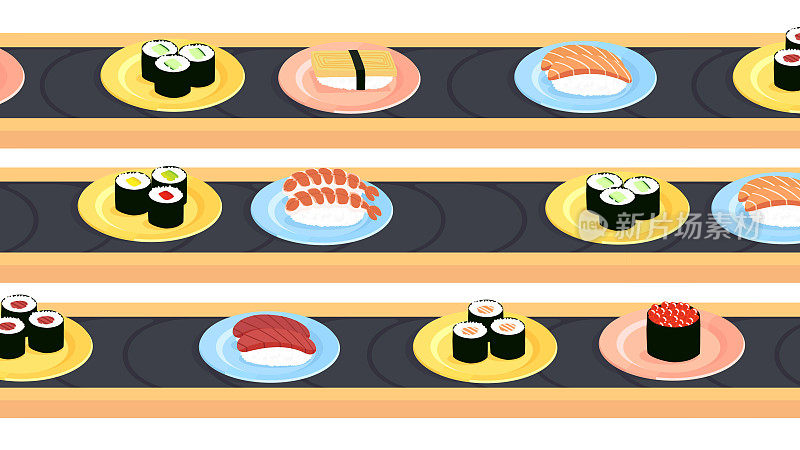 寿司输送带有各种不同的寿司