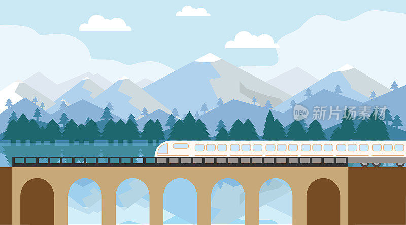 一列现代高速列车穿过一座古老的桥。现代火车乘火车到达美丽的山景大厅。矢量插图的火车旅行。向量。