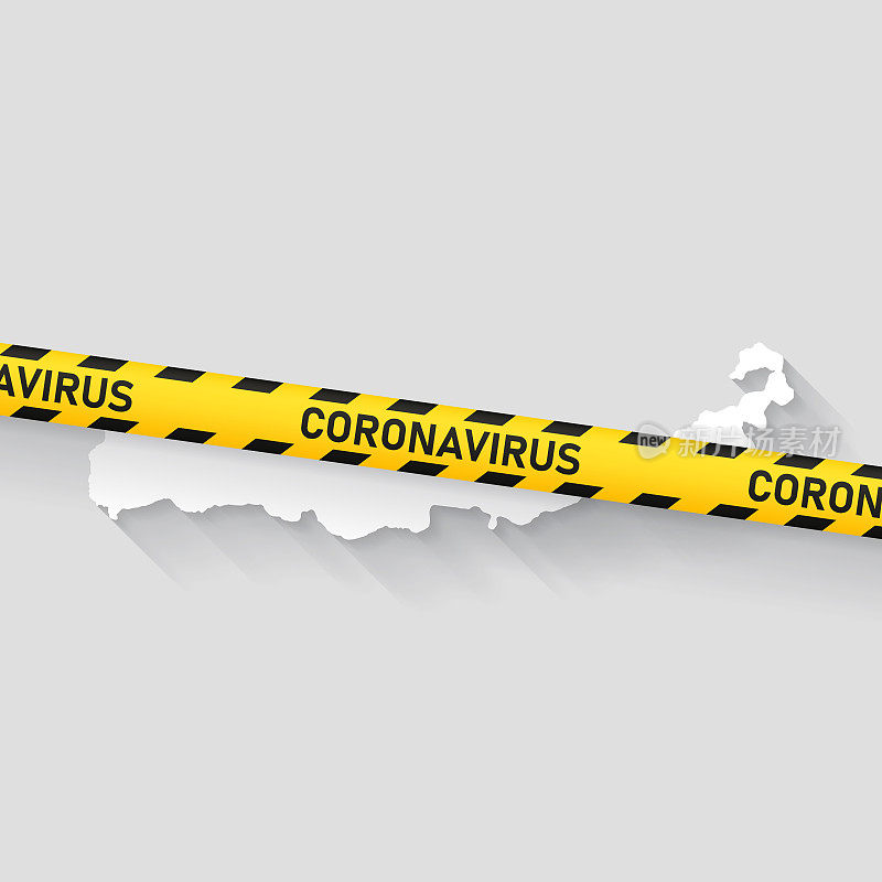 弗洛雷斯地图与冠状病毒警告胶带。Covid-19爆发