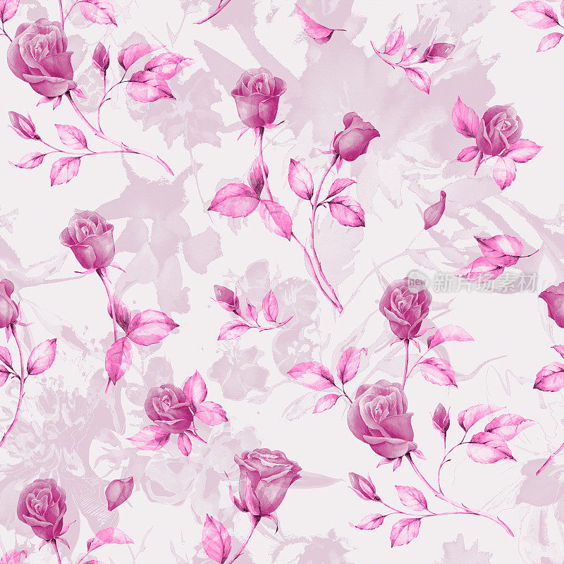 夏季花园花卉英国玫瑰水彩无缝图案。漂亮的手绘纹理