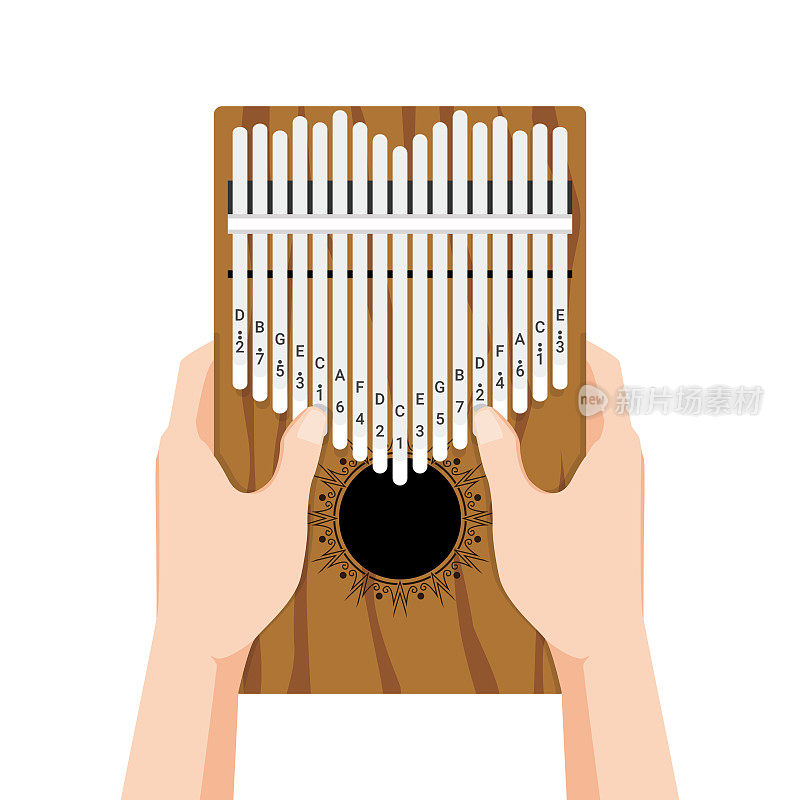 卡林巴是一架17键拇指钢琴。手牵着手弹奏非洲乐器。手指口袋便携式钢琴。矢量卡通平面风格插图孤立的白色背景