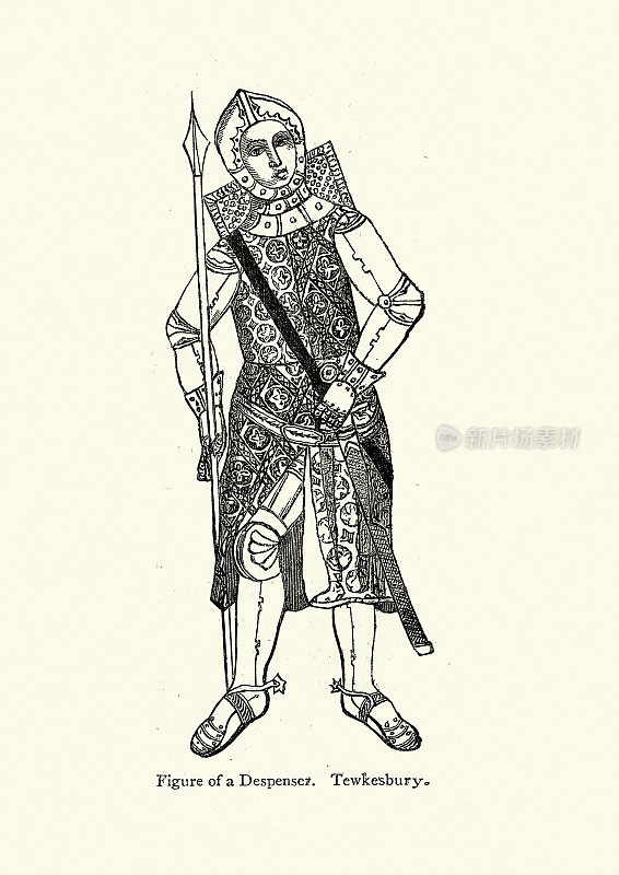 14世纪身穿盔甲、手持长矛的中世纪骑士
