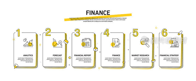 财务相关流程信息图模板。过程时间图。使用线性图标的工作流布局