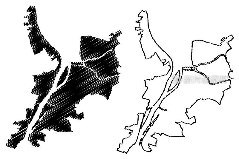 阿斯特拉罕城(俄罗斯联邦，俄罗斯)地图矢量插图，涂鸦草图阿斯特拉罕城地图