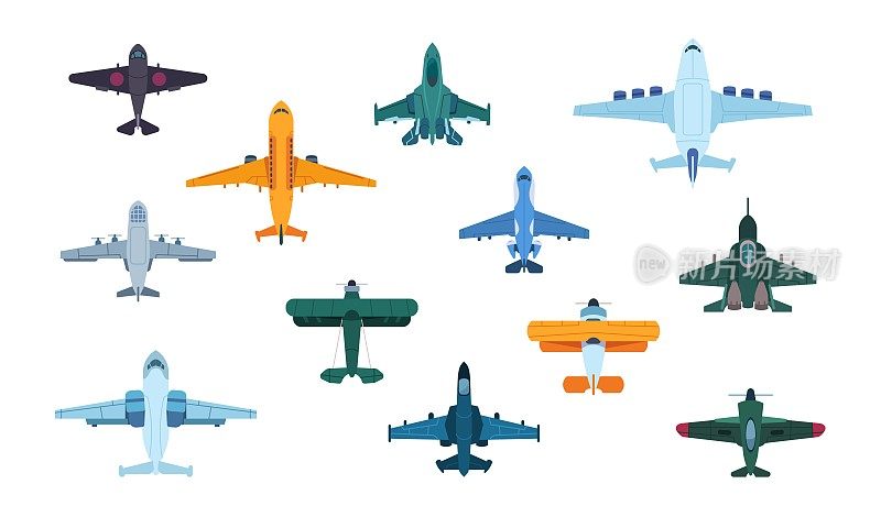 平的飞机。俯视图军用喷气飞机和民用涡扇航空飞机，运输航空。向量孤立的飞机