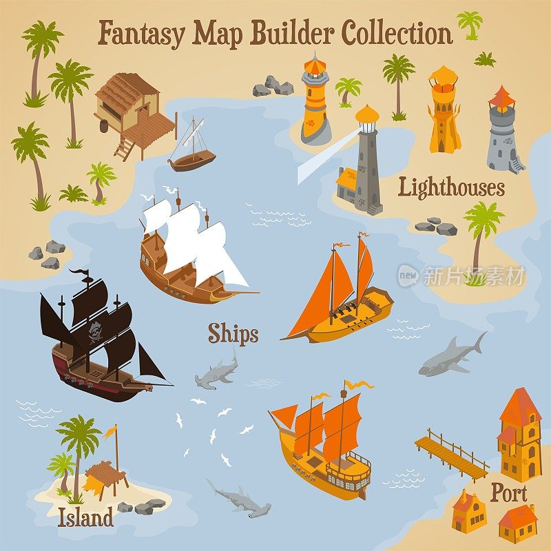 地图建设者的幻想和中世纪地图和冒险游戏的插图