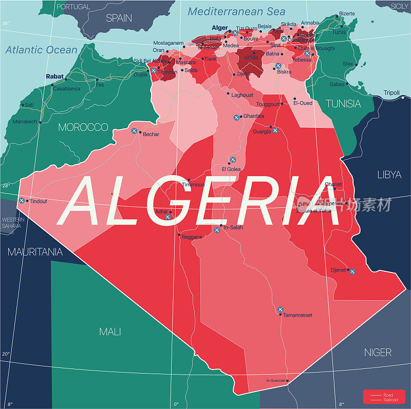 阿尔及利亚国家详细的可编辑的地图
