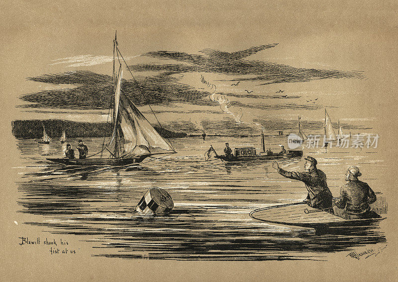19世纪维多利亚时代，由汽船拖着的赛艇