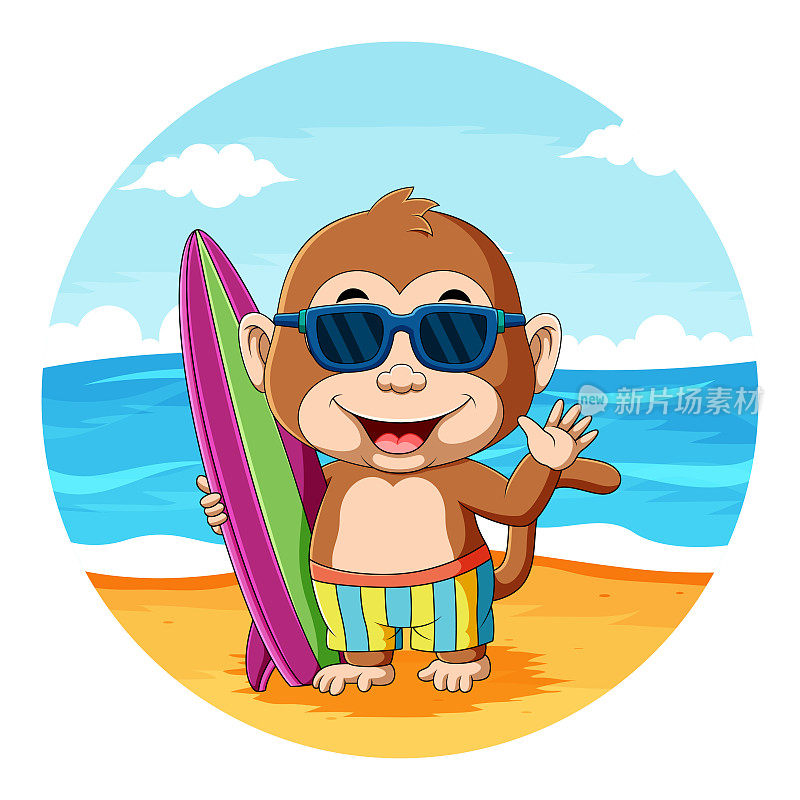 小猴子拿着冲浪板，在海滩上戴着太阳镜