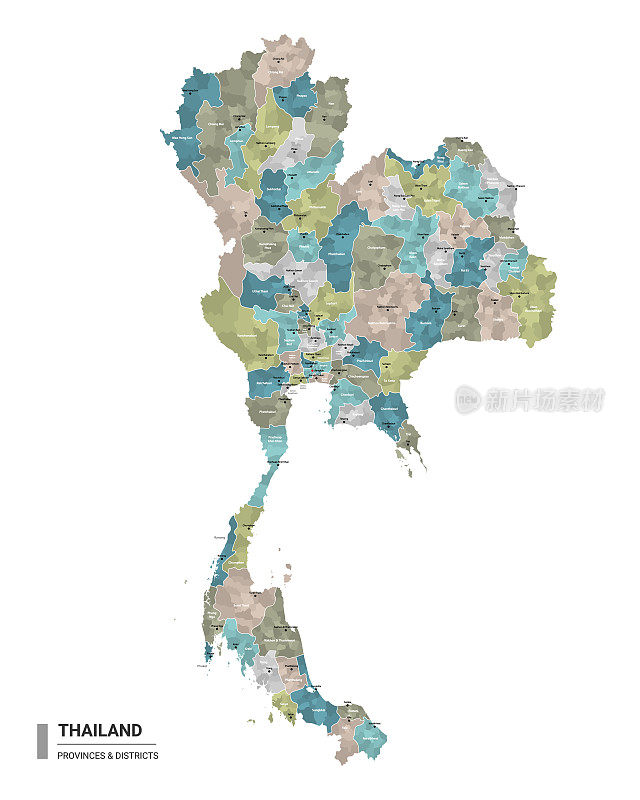 泰国高详细地图与细分。泰国行政地图与地区和城市名称，颜色由州和行政区域。矢量插图。
