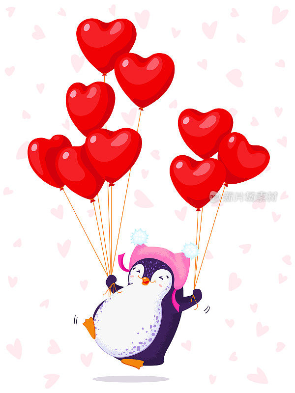 情人节贺卡上有一只戴着可爱帽子蹦蹦跳跳的企鹅。卡通企鹅气球-心形。矢量插图。