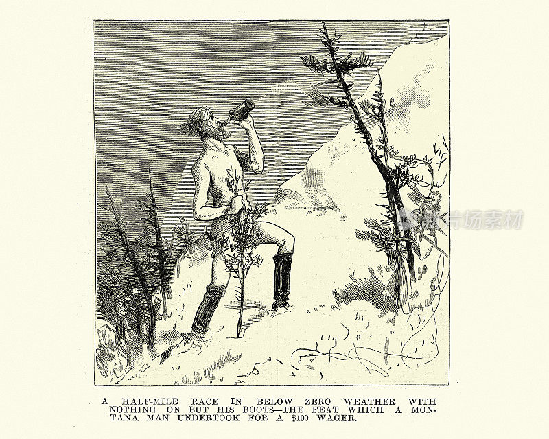 蒙大拿州一名男子在雪地里奔跑，穿着他的靴子打赌，美国狂野西部