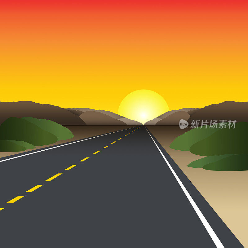 平坦的公路在沙漠景观与日落-插图