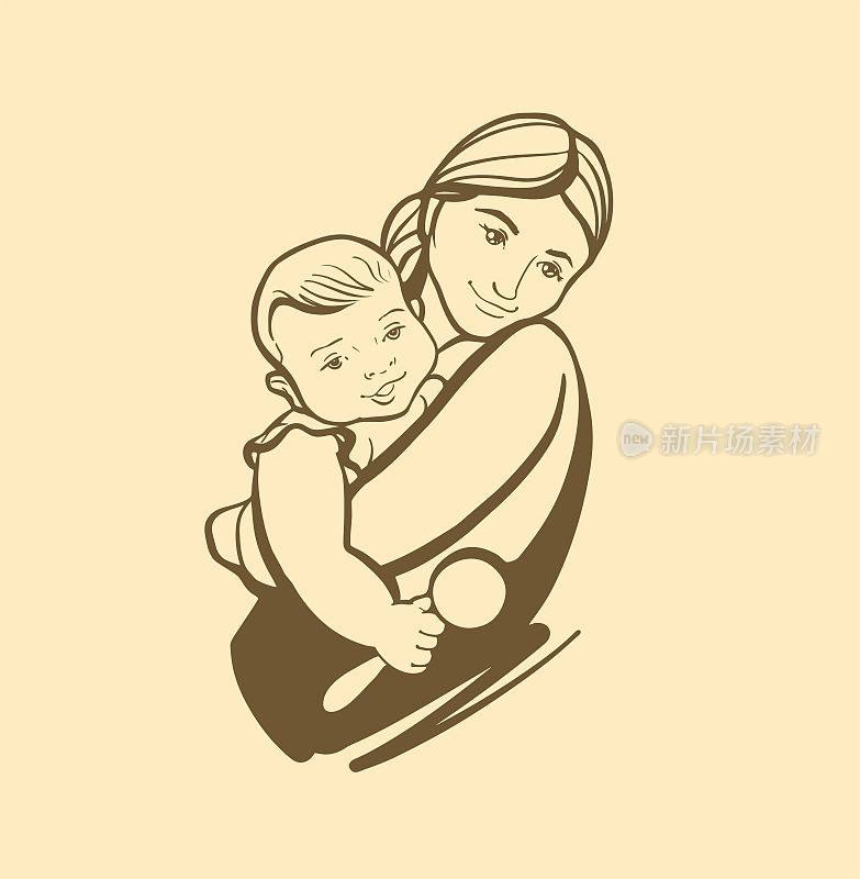 一位年轻妇女怀里抱着一个小孩。妈妈玩着，拥抱着宝宝。一个标志，一个手绘的草图