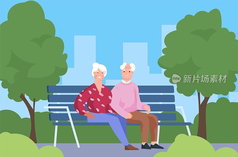 公园里的老夫妇。坐在长凳上的老人。老人和女人走在城市的休闲区。白发苍苍的人在户外共度时光。向量的休闲方式