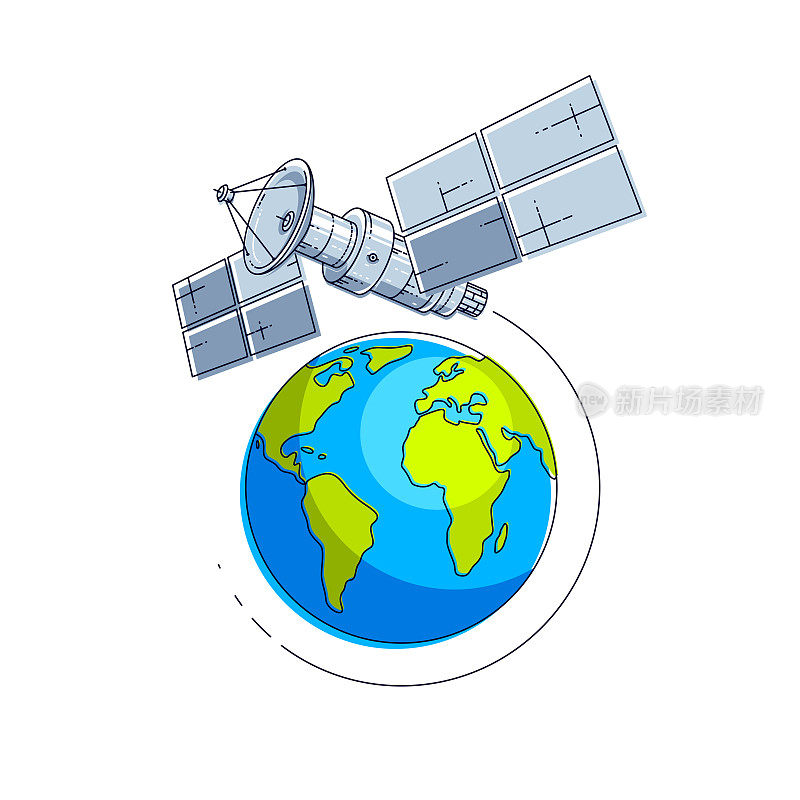 通信卫星绕地球轨道飞行，航天器空间站装有太阳能电池板和卫星天线板。细线三维矢量插图。