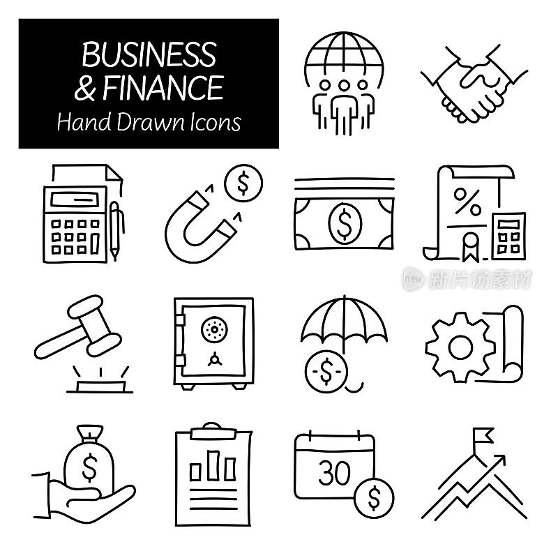 商业和金融相关手绘图标，涂鸦元素矢量插图