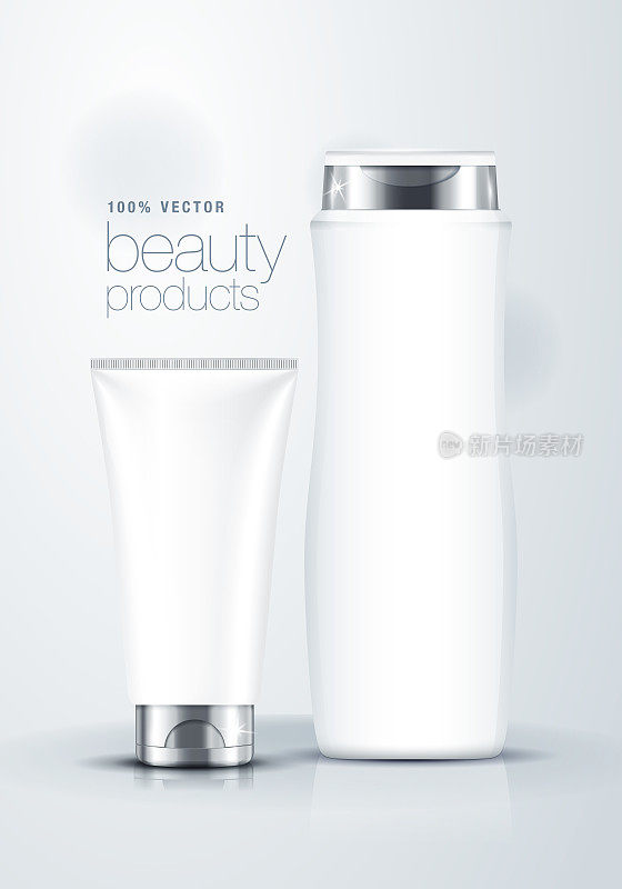 3d模拟矢量插图化妆品产品的白色空白膏霜管和香波瓶与银盖设计，包装模板