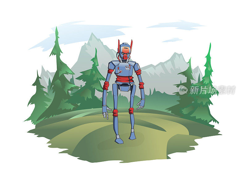 一个人形机器人站在山景背景下。荒野中的机器人，一个后世界末日的情节。矢量插图，孤立在白色。