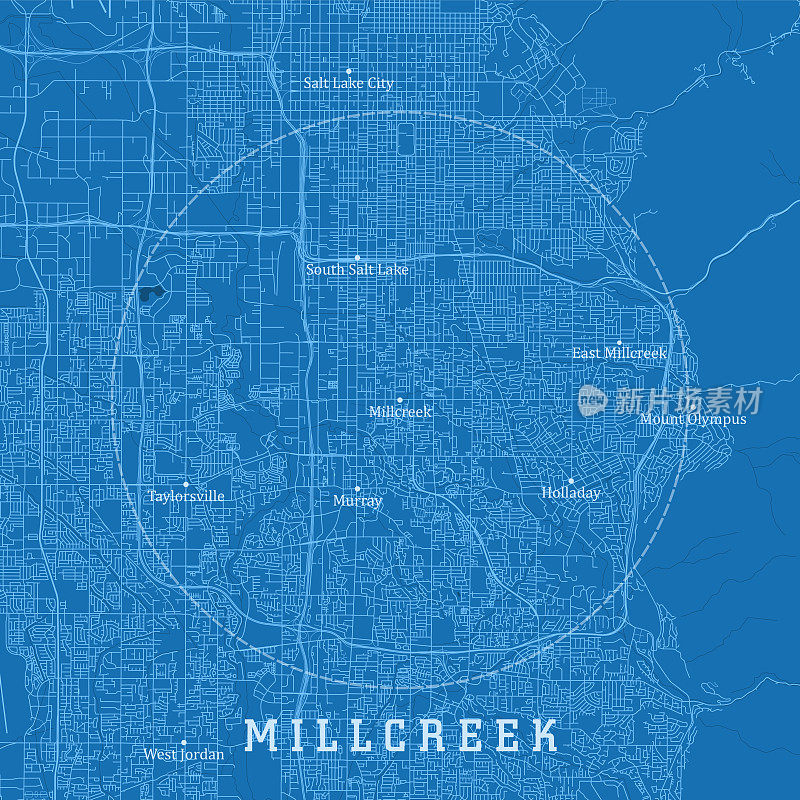 米尔克里克UT城市矢量道路地图蓝色文本
