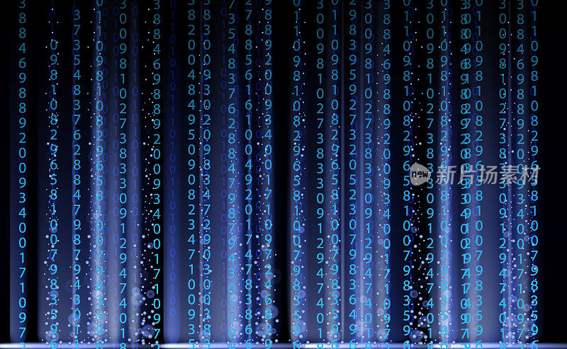 技术抽象背景，矩阵风格，蓝色，下降数字。数字二进制数据流灰尘在屏幕上。编程理念、数据安全、黑客、盗版、技术、互联网。矢量图