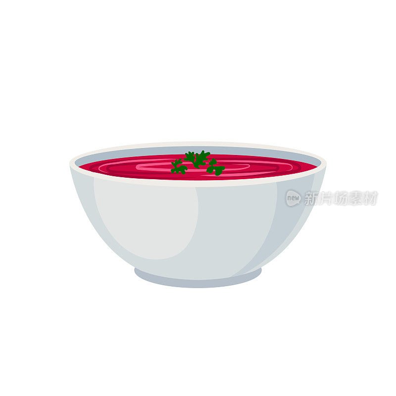 矢量碗粉红色奶油汤，蔬菜汤图标孤立在白色背景。