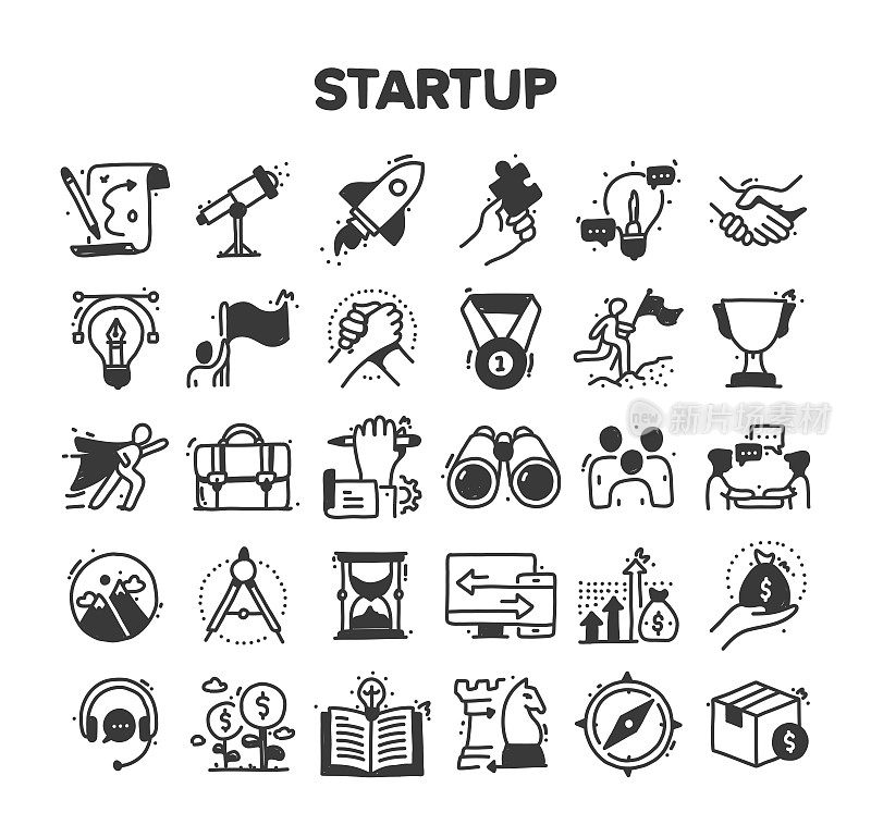 启动相关的手绘矢量涂鸦图标集