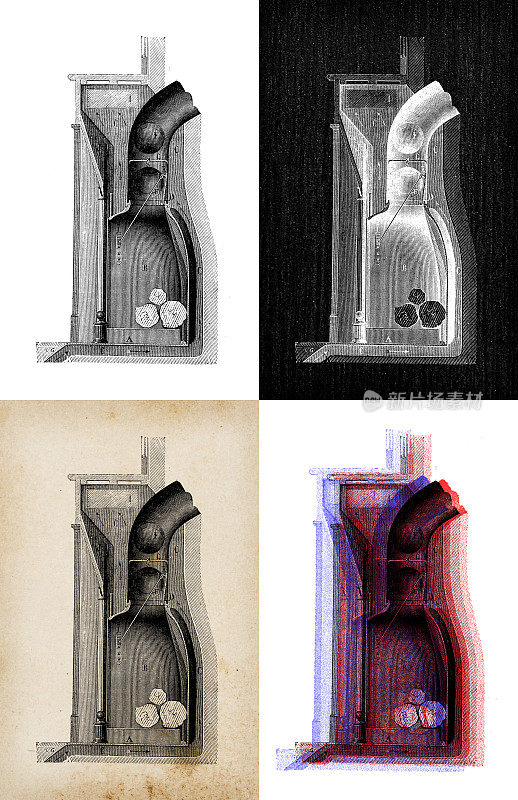 科学发现的古董插图:壁炉，炉子，加热器和烟囱
