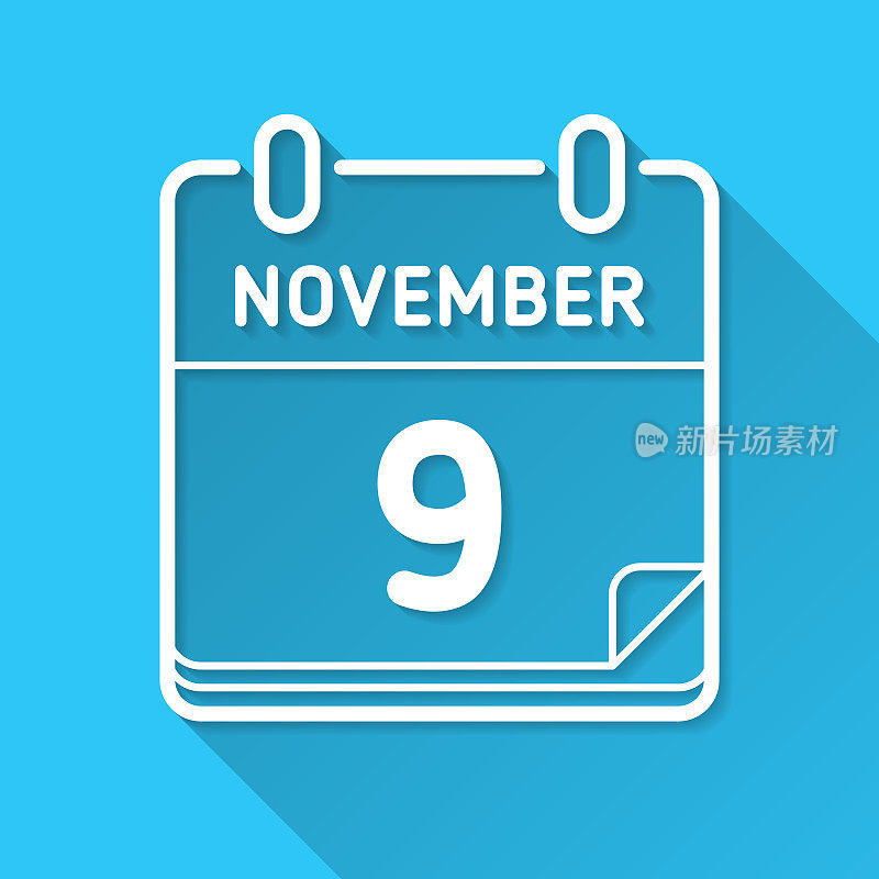 11月9日。图标在蓝色背景-平面设计与长阴影