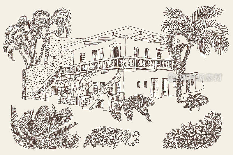 矢量手绘了梦幻城市景观的痕迹与棕榈树，中世纪老城街道的房子。成人涂色书页