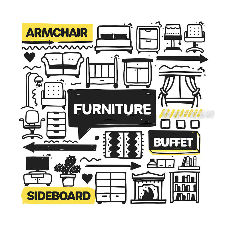 家具对象和元素。矢量涂鸦插图收集。手绘图标集或横幅模板