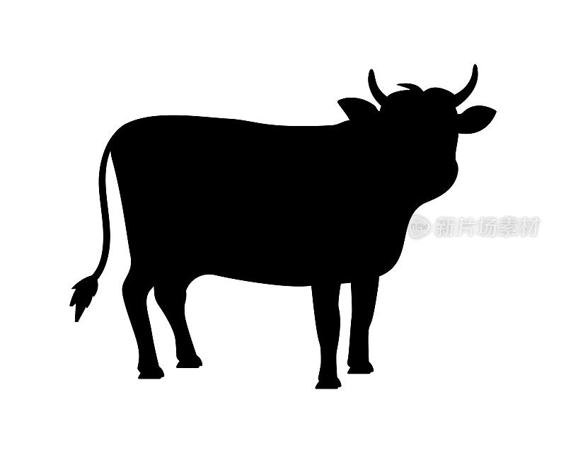牛图标。牛的剪影。安格斯牛肉。黑色小牛或公牛的标志。来自农场的肉和牛奶。食品标志插图。屠夫的象征。向量