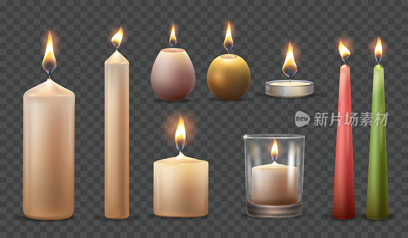 现实的点燃蜡烛。3d白色蜡烛与火炬火焰，圣诞节烛光，庆祝装饰蜡生日周年节日，教堂石蜡，整洁的矢量插图