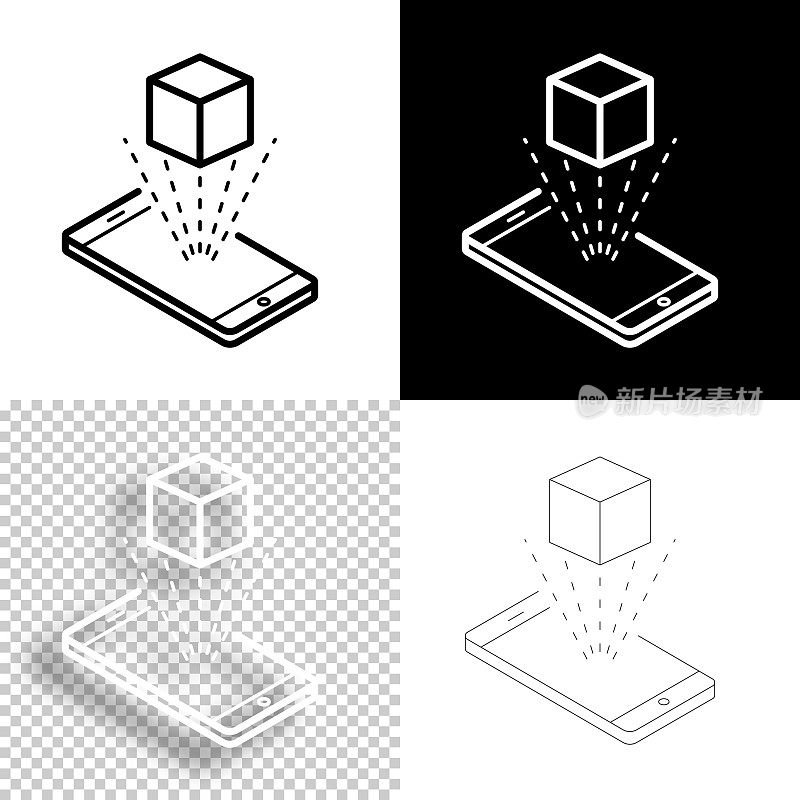 全息图与智能手机。图标设计。空白，白色和黑色背景-线图标