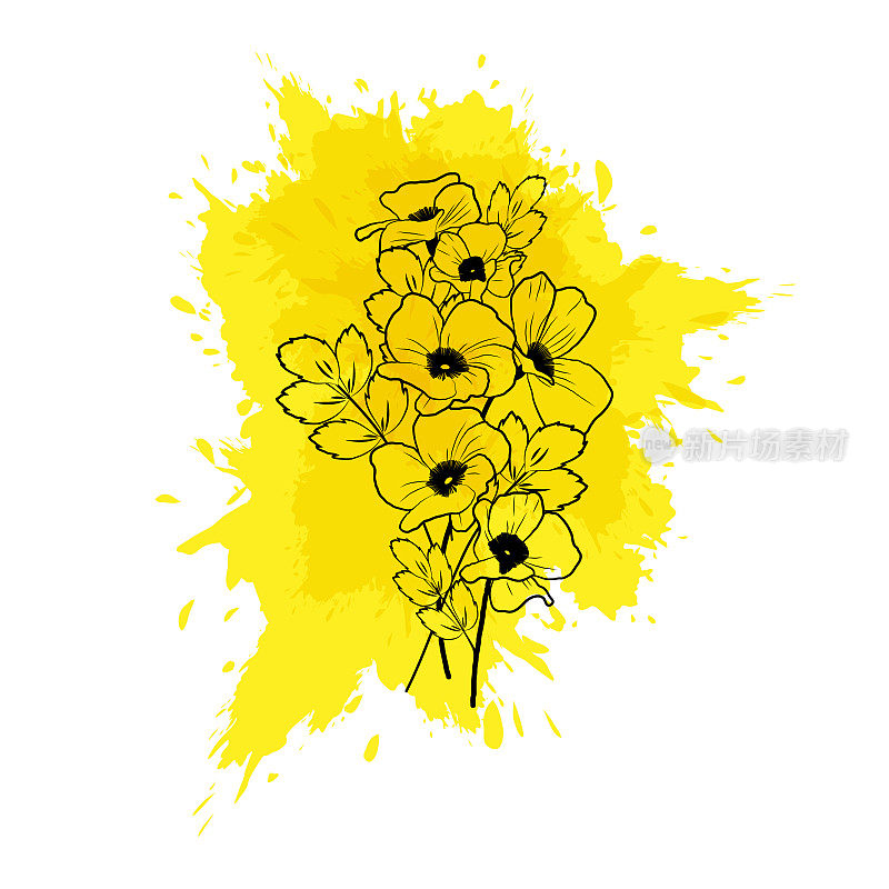 野蔷薇的轮廓在黄色水彩染色