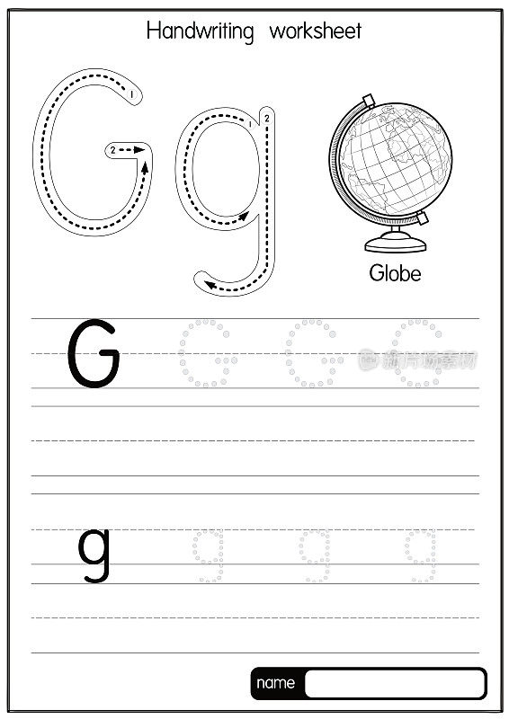黑白矢量图说地球仪与字母G大写字母或大写字母的儿童学习练习ABC