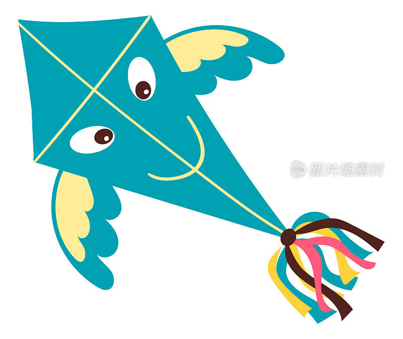 飞的风筝。蓝色的纸玩具带着丝带尾巴和有趣的脸。风筝节‘玛克桑格拉提庆祝。夏天的节日。一个孤立的物体在空中盘旋。户外休闲。向量嘉年华娱乐