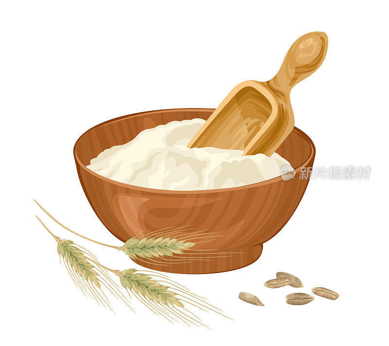 黑麦粉放在木碗里，用汤匙把谷物和小穗分离在白色上。矢量卡通平面插图。